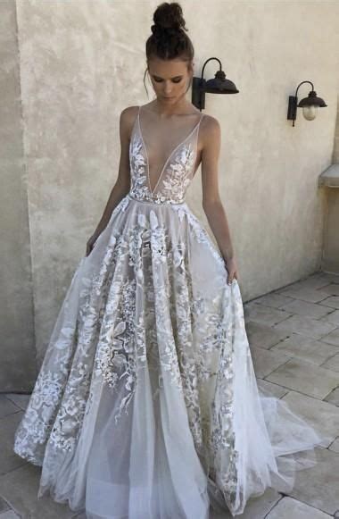 A Line Deep V Neck Sweep Train Ivory Tulle Prom Dress With Appliques