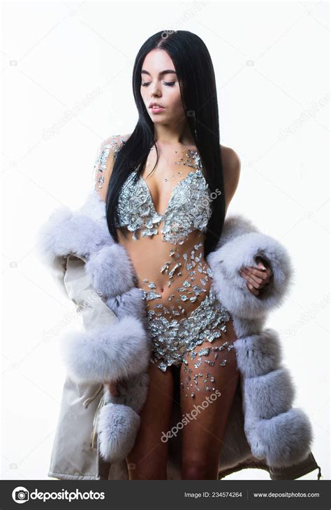 Woman Attractive Nude Body Shimmering Lingerie Wear Fur Coat Fashion