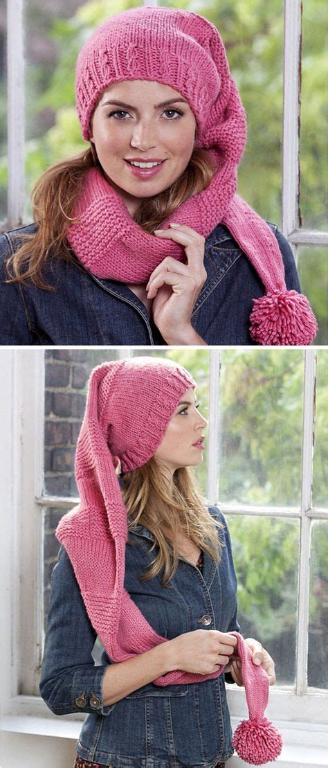 Two Photos Of A Woman Wearing A Pink Hat And Scarf With Pom Poms