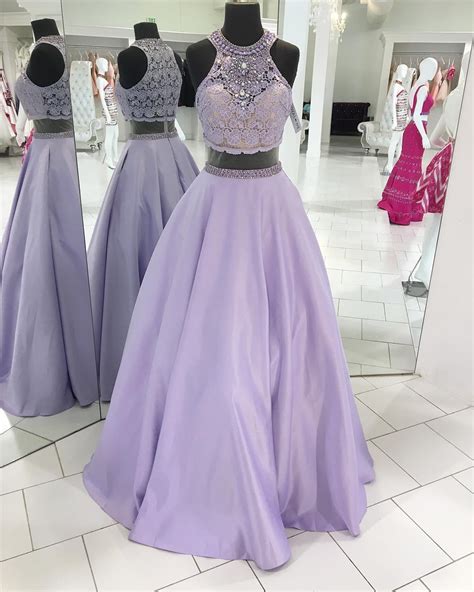 Elegant Lavender Lace Beaded High Neck Prom Dresstwo Piece Long Prom