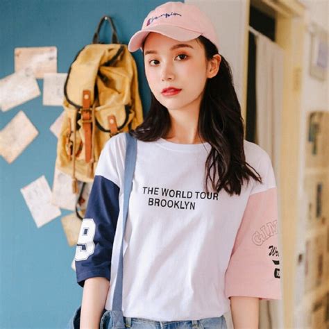 Korean Fresh Color Collision Letter Print T Shirt Women Sweet Streetwear Half Sleeve O Neck