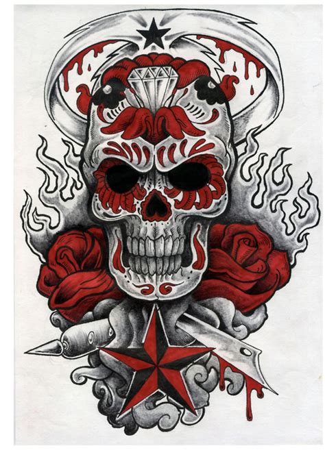 Sugar Skull Tattoo With Flames Roses And Stars