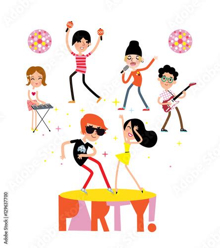 Party Cartoon Style Clubbing People Dancing Singing And Playing Music