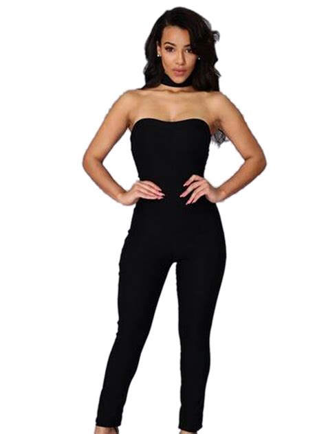 Choker Black Strapless Jumpsuit Sexy Club Party One Piece Outfits Long Jumpsuits For Women