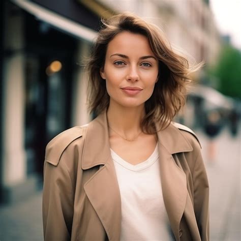Premium Ai Image A Woman Is Standing On The Sidewalk In Front Of A Store