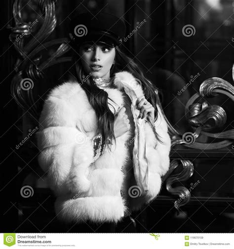 Attractive Long Haired Woman In White Fur Coat Stock Image Image Of
