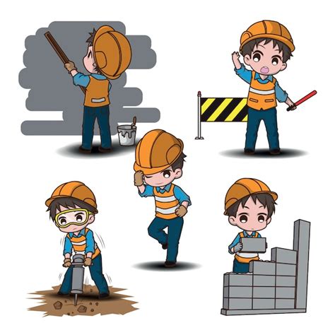 Set Cute Construction Worker Cartoon Character Job Concept Vector
