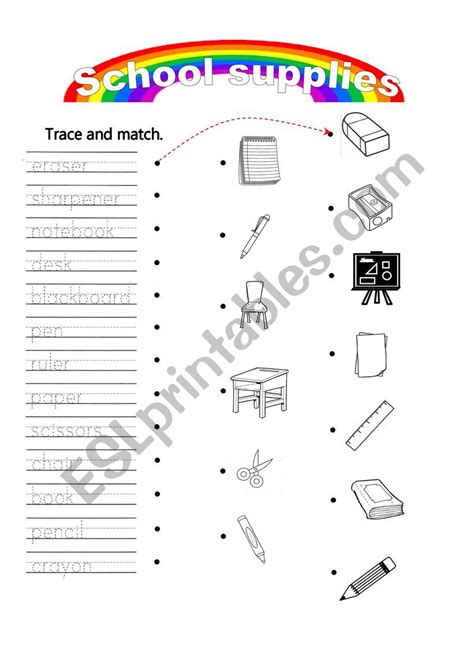 School Supplies Trace And Match Esl Worksheet By Beanela