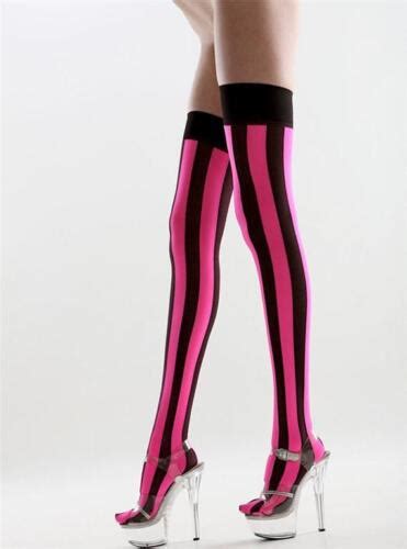 Neon Pink Black Stripes Thigh Hi Stockings Sexy Designer Lingerie