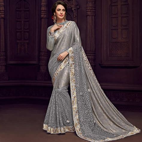 Buy Fantastic Grey Colored Party Wear Embroidered Fancy Art Silk Saree