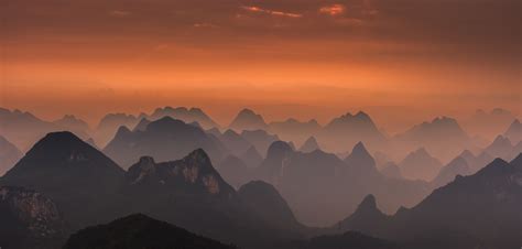 Nature Landscape Sunrise Mountain Mist Guilin China Amber Sky Lace