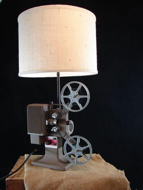 Upcycled Vintage 8mm Projector Lamp With Ivory Burlap Shade