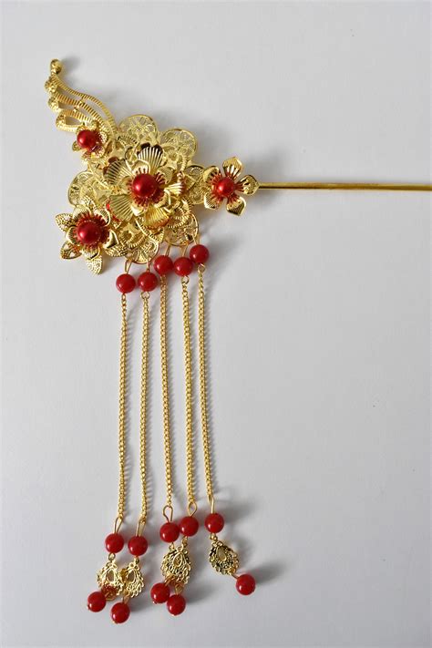 Red Gold Chinese Wedding Bridal Hair Pinhair Piecehair Etsy Uk