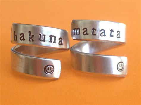 Hakuna Matata Lion King Inspired Two Aluminum Wrap Rings Handed Stamped