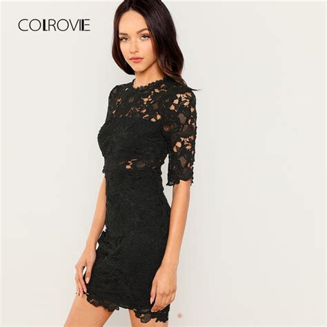 buy colrovie black sheer guipure overlay slim party lace dress women 2018