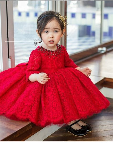 Red Tulle Baby Girl Dress Long Sleeve Baptism Dress For Girls 1st Year