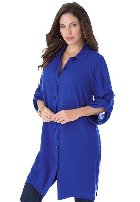 Roamans Roamans Blue Tess Crinkle Longline Shirt Plus Size 20 To