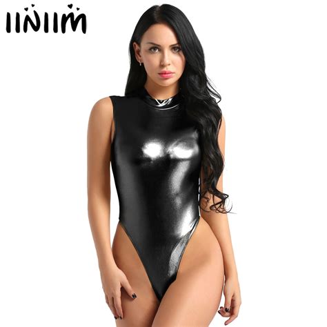 Buy Women Bodysuit Sexy Clubwear One Piece Catsuit Shiny Metallic Lingerie