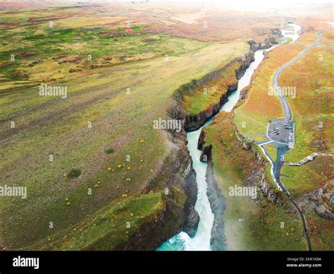 Aerial View Of Autumn Landscape Surrounding The Gullfoss Waterfall