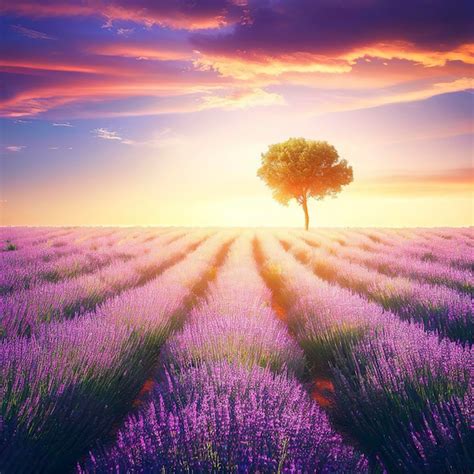Premium Ai Image Stunning Lavender Field Landscape Summer Sunset With