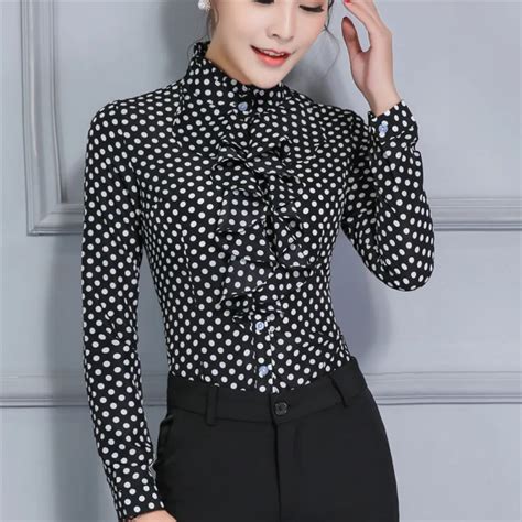 women career fitted polka dot lace tops ruffle high neck long sleeve shirt blouse slim fit
