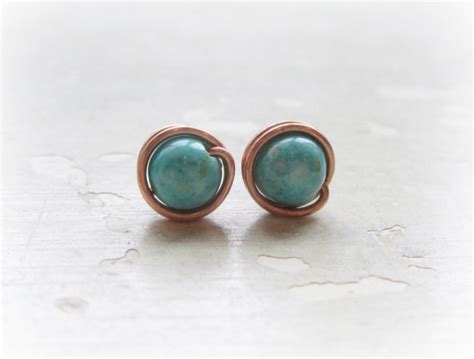 Copper Turquoise Stud Earrings Southwestern Wire Wrap Post Stone Aftcra