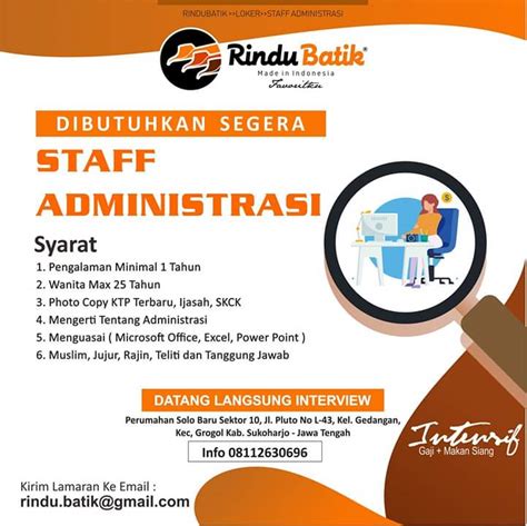 Temukan info lowongan pekerjaan menarik dan terbaru maret 2021 di sukoharjo hanya di jobs.id. Lowongan kerja Rindu Batik Sukoharjo - Staff Admin ...