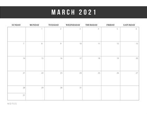 Blank Printable Calendar 2021 March