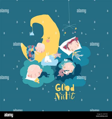 Cute Cartoon Children Sleeping On Clouds Sweet Dreams Stock Vector