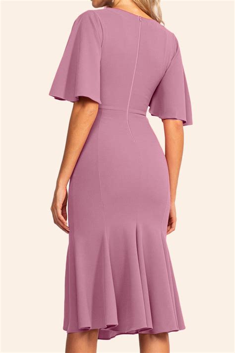 Macloth Short Sleeves Midi Pink Cocktail Dress Jersey Tea Length Forma