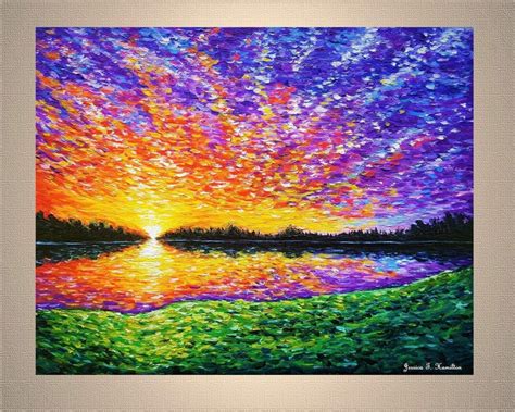 Original Painting Sunset By The Lake Impasto Oil Painting Canvas Wall