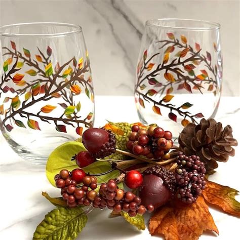 Stemless Wine Glass Fall Leaves Hand Painted Etsy