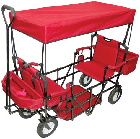 Double Seat 2 Seater Folding Red Wagon With Canopy Folding Wagon