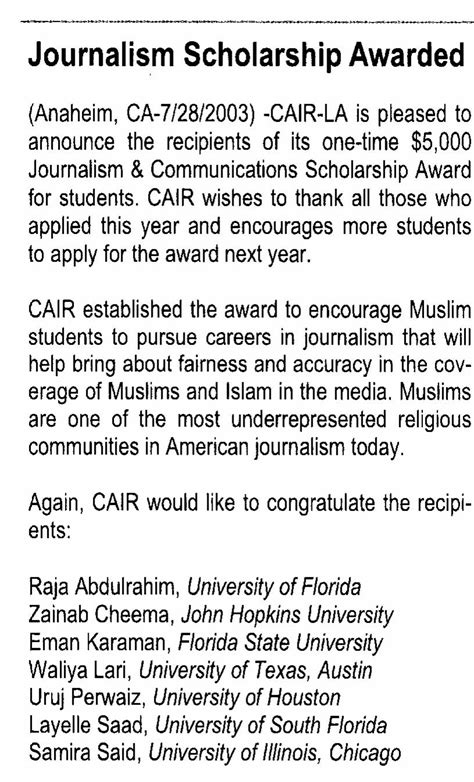 The complete guide to writing a scholarship resume lists steps from highlighting your skills to exemplifying your work experiences to win your scholarship. CAIR Scholarship Recipient Reports on CAIR in LA Times ...