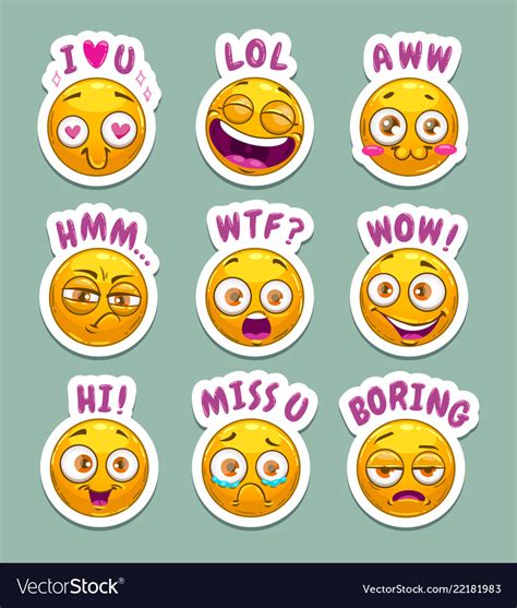 Funny Cartoon Stickers With Yellow Emoji Face And Vector Image