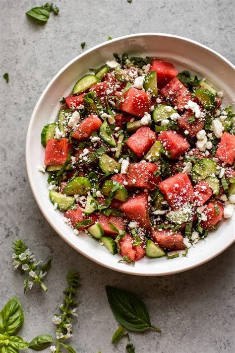 Simple Watermelon Feta Salad With Cucumber Basil And
