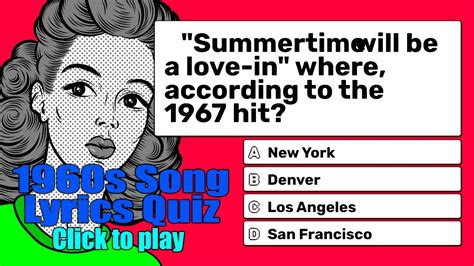 If you love music, then you know all about the little shot of excitement that ripples through you when you hear one of your favorite songs come on the radio. 1960s Song Lyrics Quiz - YouTube