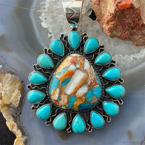 Native American Sterling Silver Turquoise And Spiny Oyster Cluster
