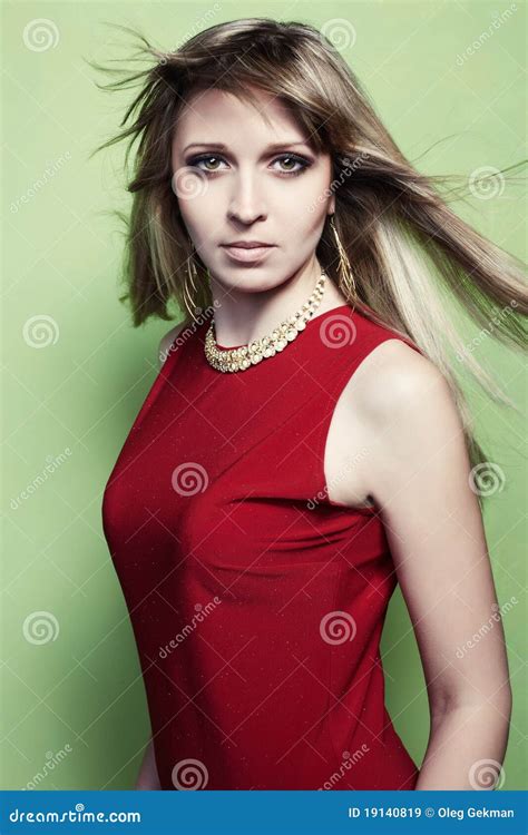 Portrait Of The Blonde Woman In A Red Dress Stock Image Image Of Girl