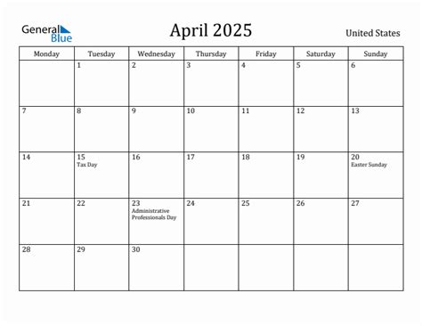 April 2025 United States Monthly Calendar With Holidays