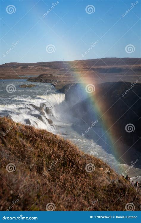 Gullfoss Waterfall Famous Scenic Spot In Iceland With Rainbow Stock