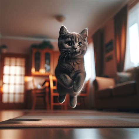 Charcoal Grey Domestic Cat Mid Leap Bright Green Eyes Ai Art