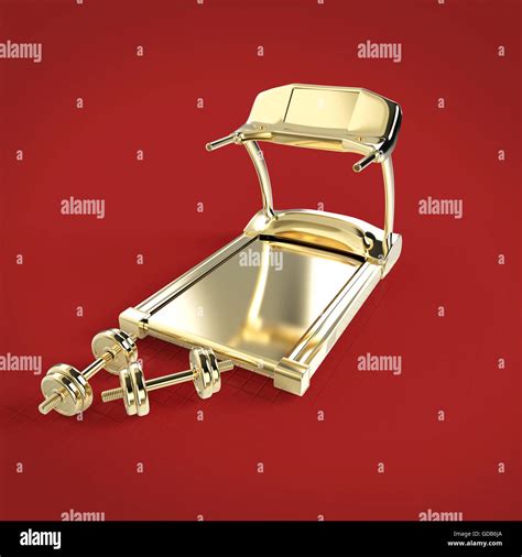 golden treadmill and fitness exercise equipment dumbbell weights on
