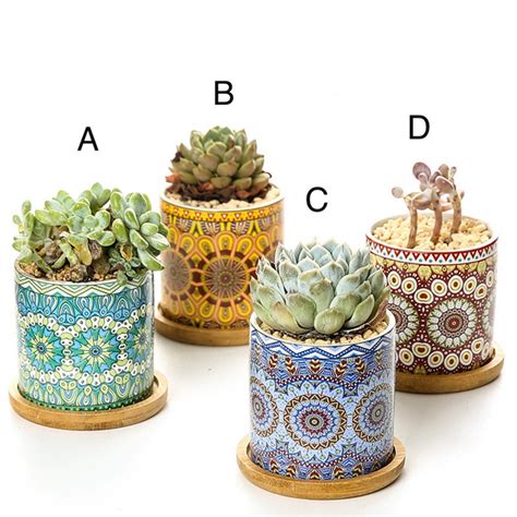 Succulent Plant Pots With Bamboo Tray 3 Inch Mandalas Pattern Etsy