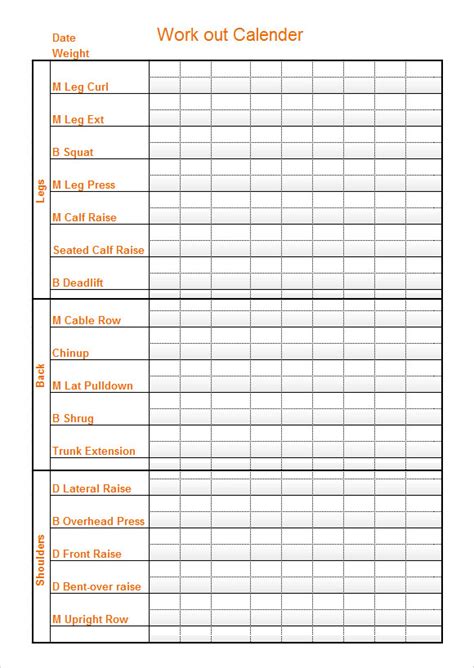sample workout calendar templates   sample