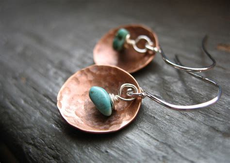 Turquoise Earrings Copper Earrings Turquoise Stone Hammered Etsy