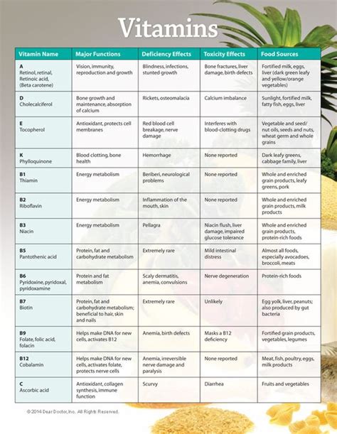 Printable Vitamin And Mineral Chart Vitamins B6 C And A