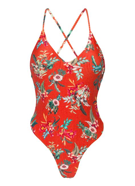 Red High Leg One Piece Swimsuit With Floral Print Wildflowers Sofia
