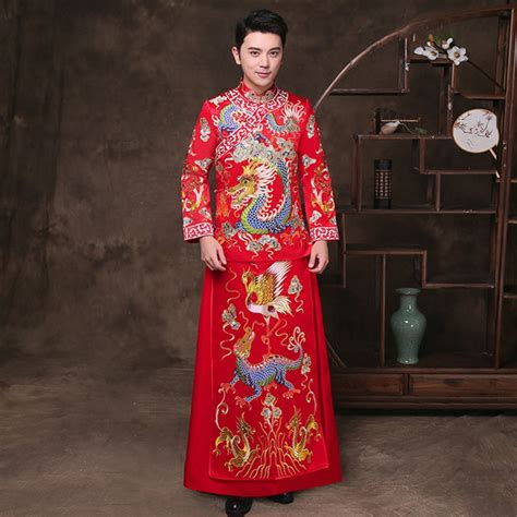 Male Red Cheongsam Toast Costumes Grooms Dress Jacket Long Gown