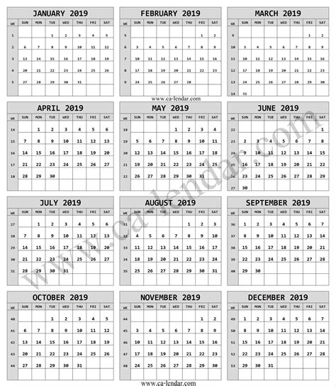 2019 Calendar With Week Numbers Printable Pdf